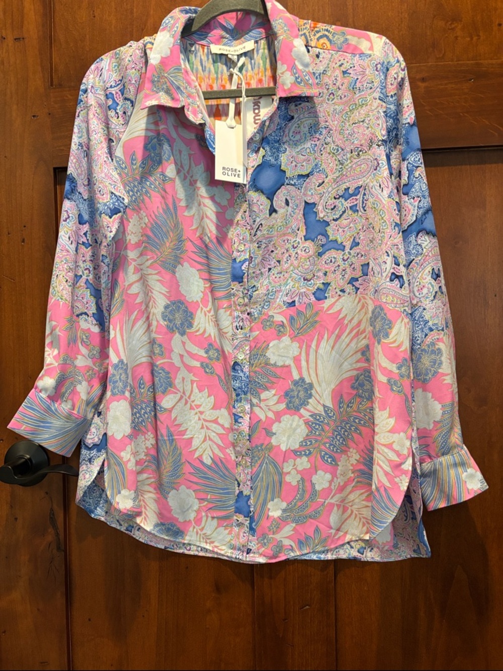 Rose & Olive Pink and Blue Paisley Floral Button-Front Shirt